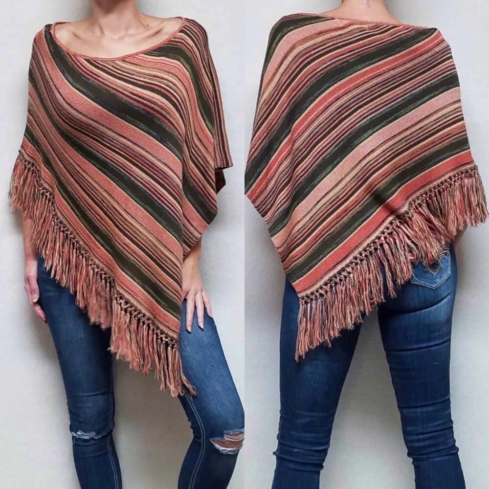 Vintage Retro Nine West Merino Wool Tie-Dye Asymmetrical Fringe Poncho OSFA